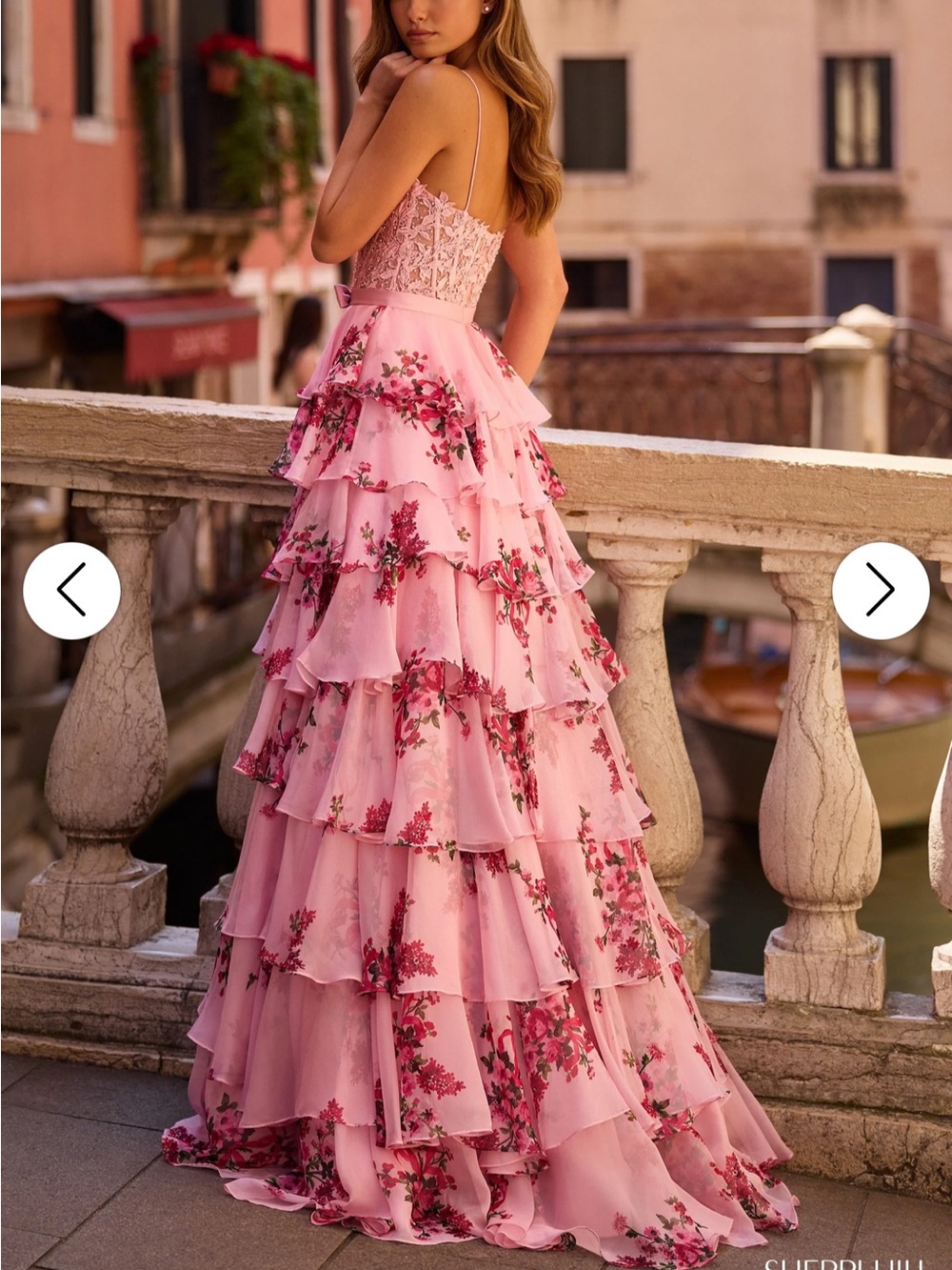 Sherri Hill 57568 Pink Floral High-Low Ruffled Evening Gown - Picture 2 of 6